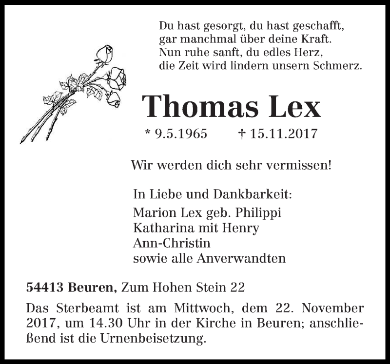  Traueranzeige für Thomas Lex vom 17.11.2017 aus trierischer_volksfreund
