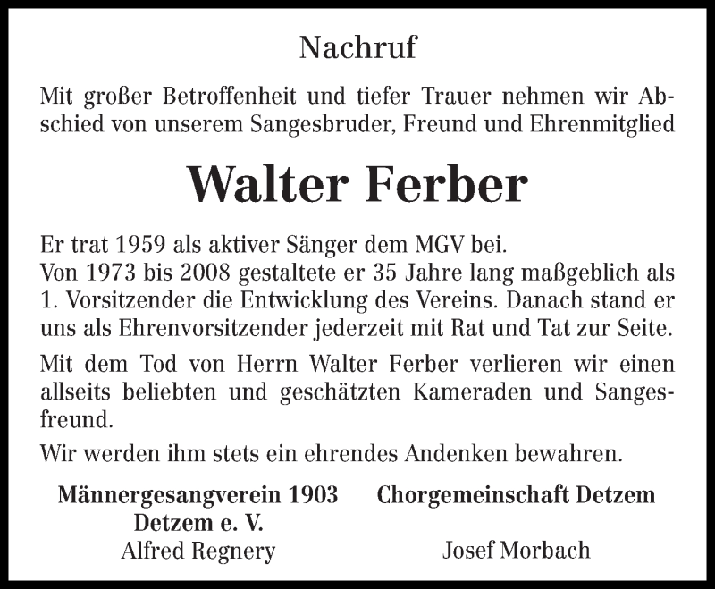  Traueranzeige für Walter Ferber vom 14.11.2017 aus trierischer_volksfreund