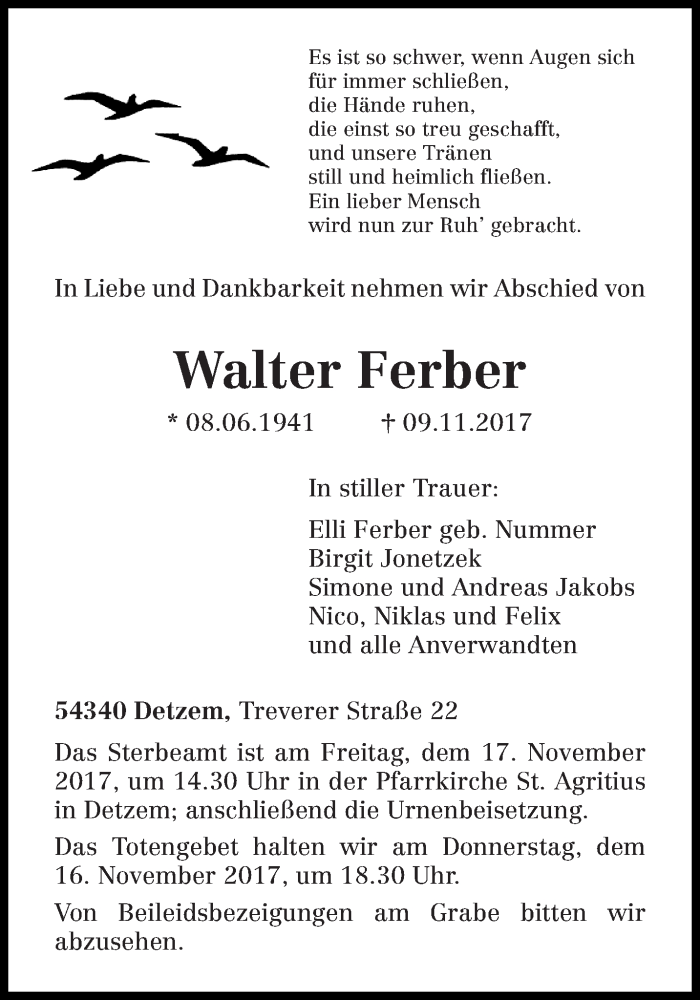  Traueranzeige für Walter Ferber vom 14.11.2017 aus trierischer_volksfreund