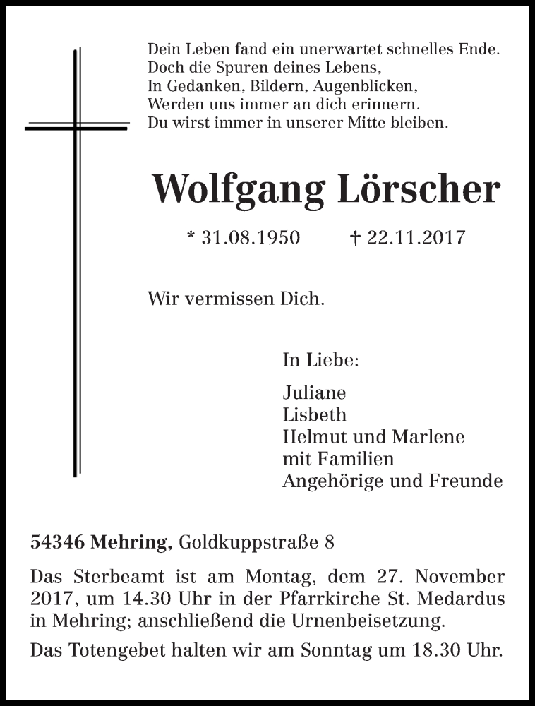  Traueranzeige für Wolfgang Lörscher vom 24.11.2017 aus trierischer_volksfreund