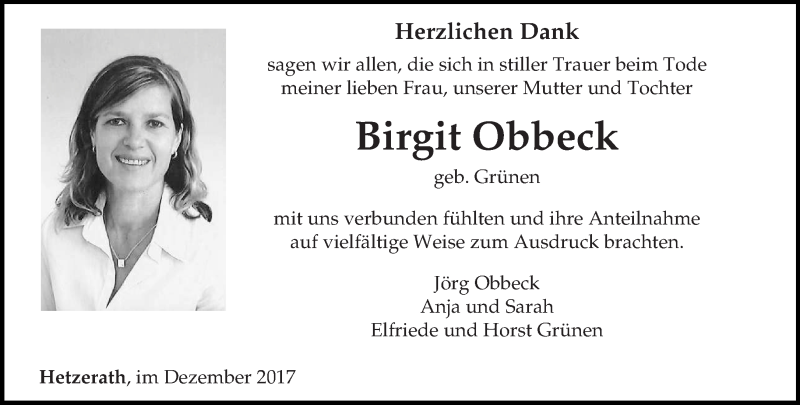  Traueranzeige für Birgit Obbeck vom 16.12.2017 aus trierischer_volksfreund