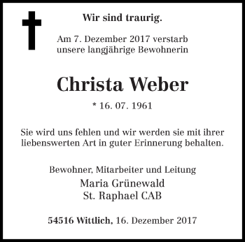 Traueranzeige von Christa Weber von trierischer_volksfreund