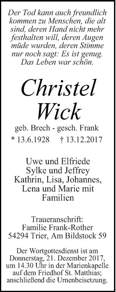  Traueranzeige für Christel Wick vom 16.12.2017 aus trierischer_volksfreund