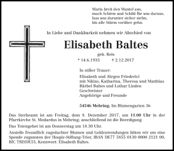 Traueranzeige von Elisabeth Baltes von trierischer_volksfreund