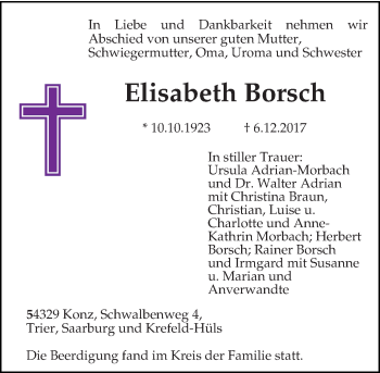 Traueranzeige von Elisabeth Borsch von trierischer_volksfreund