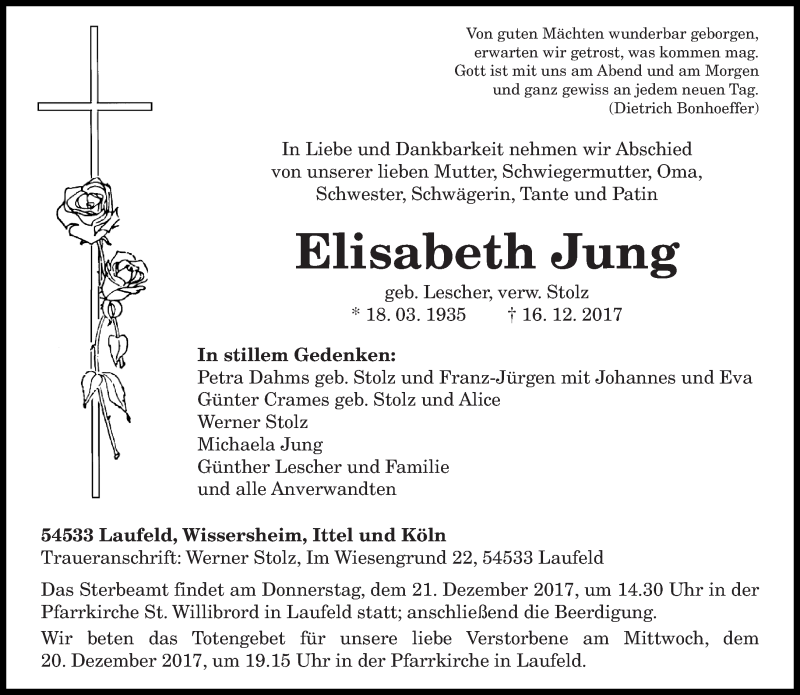  Traueranzeige für Elisabeth Jung vom 19.12.2017 aus trierischer_volksfreund