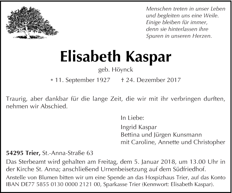  Traueranzeige für Elisabeth Kaspar vom 30.12.2017 aus trierischer_volksfreund