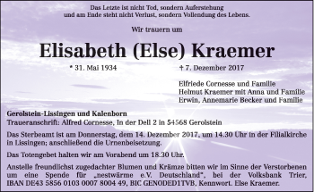 Traueranzeige von Elisabeth Kraemer von trierischer_volksfreund