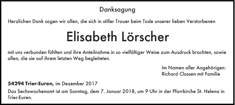  Traueranzeige für Elisabeth Lörscher vom 30.12.2017 aus trierischer_volksfreund