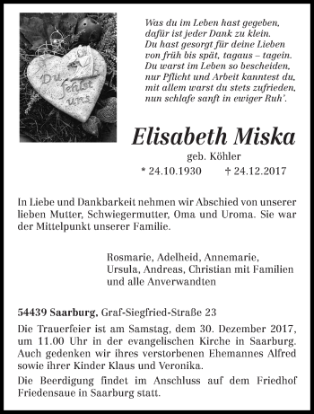 Traueranzeige von Elisabeth Miska von trierischer_volksfreund