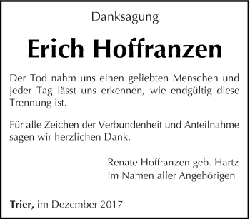 Traueranzeige von Erich Hoffranzen von trierischer_volksfreund