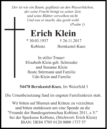 Traueranzeige von Erich Klein von trierischer_volksfreund
