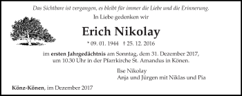 Traueranzeige von Erich Nikolay von trierischer_volksfreund