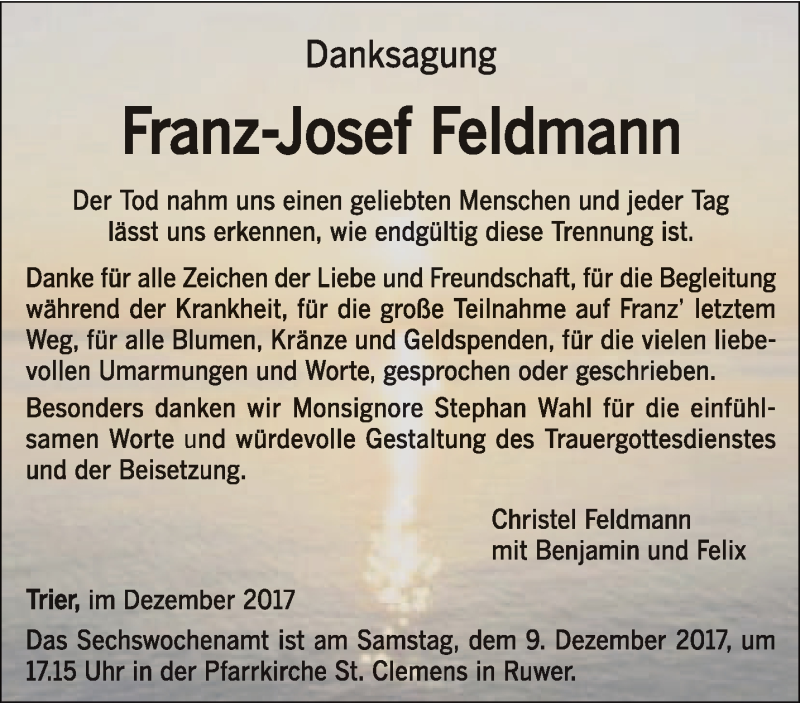  Traueranzeige für Franz-Josef Feldmann vom 04.12.2017 aus trierischer_volksfreund