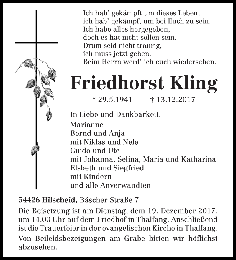 Traueranzeige für Friedhorst Kling vom 15.12.2017 aus trierischer_volksfreund