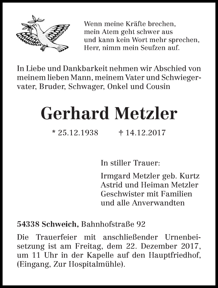  Traueranzeige für Gerhard Metzler vom 19.12.2017 aus trierischer_volksfreund