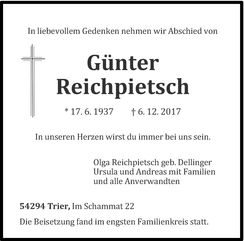  Traueranzeige für Günter Reichpietsch vom 15.12.2017 aus trierischer_volksfreund