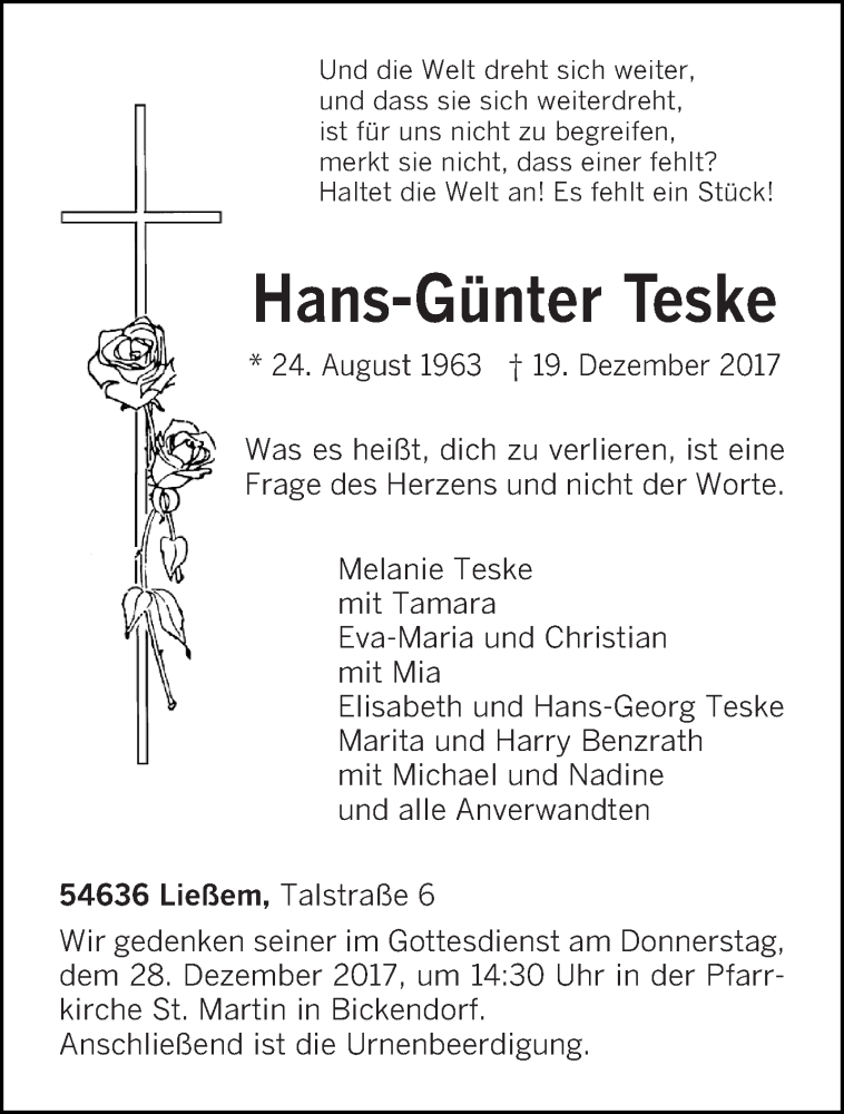  Traueranzeige für Hans-Günter Teske vom 21.12.2017 aus trierischer_volksfreund