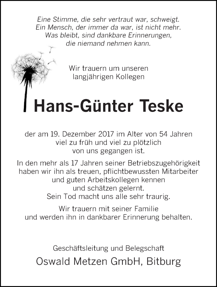  Traueranzeige für Hans-Günter Teske vom 21.12.2017 aus trierischer_volksfreund