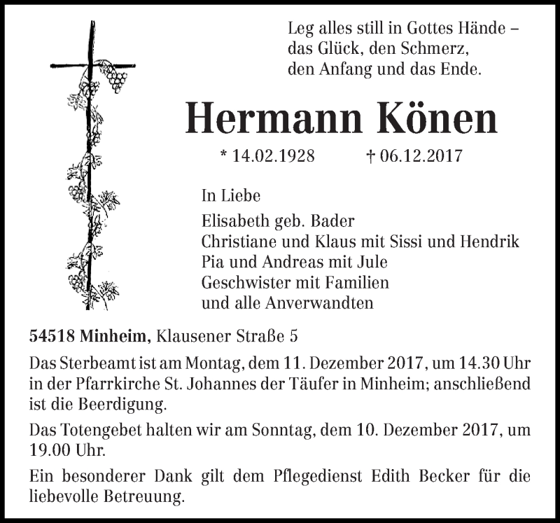  Traueranzeige für Hermann Könen vom 09.12.2017 aus trierischer_volksfreund