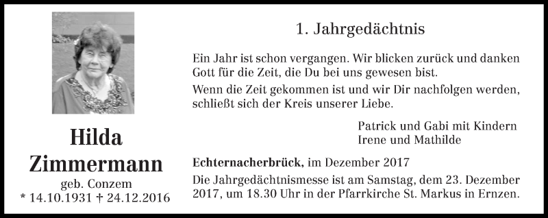  Traueranzeige für Hilda Zimmermann vom 20.12.2017 aus trierischer_volksfreund