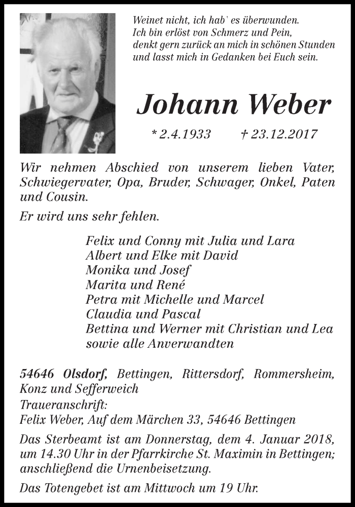  Traueranzeige für Johann Weber vom 30.12.2017 aus trierischer_volksfreund