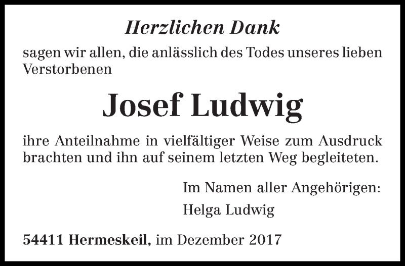  Traueranzeige für Josef Ludwig vom 30.12.2017 aus trierischer_volksfreund