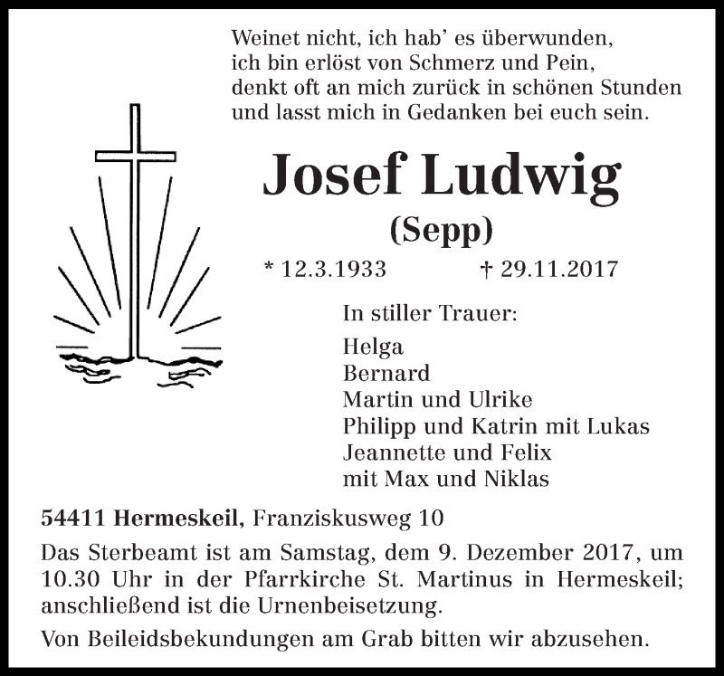  Traueranzeige für Josef Ludwig vom 02.12.2017 aus trierischer_volksfreund