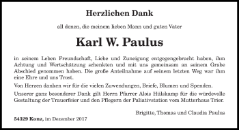 Traueranzeige von Karl Paulus von trierischer_volksfreund