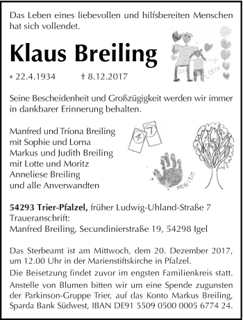 Traueranzeige von Klaus Breiling von trierischer_volksfreund