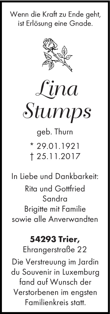  Traueranzeige für Lina Stumps vom 09.12.2017 aus trierischer_volksfreund