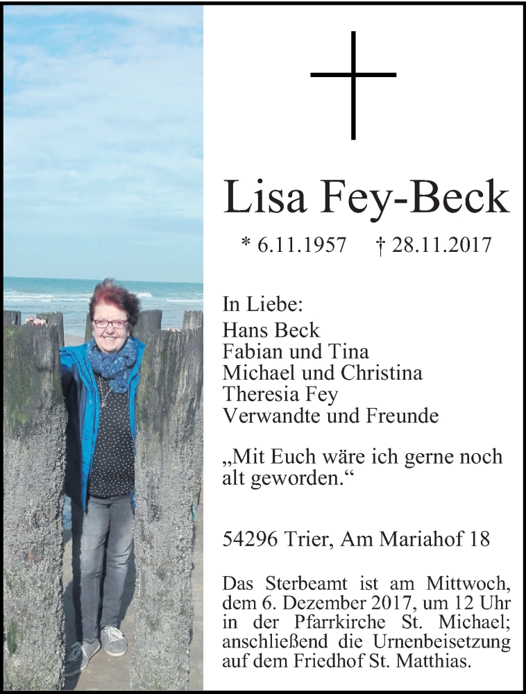  Traueranzeige für Lisa Fey-Beck vom 02.12.2017 aus trierischer_volksfreund