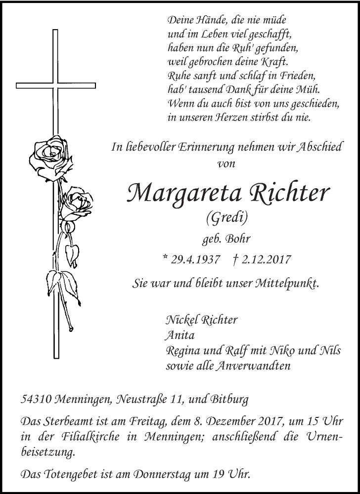  Traueranzeige für Margareta Richter vom 06.12.2017 aus trierischer_volksfreund