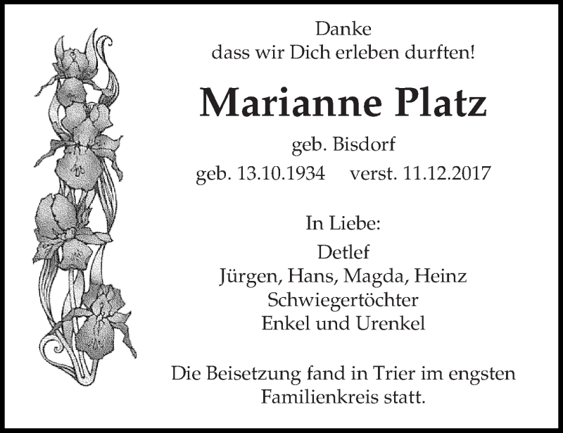  Traueranzeige für Marianne Platz vom 23.12.2017 aus trierischer_volksfreund