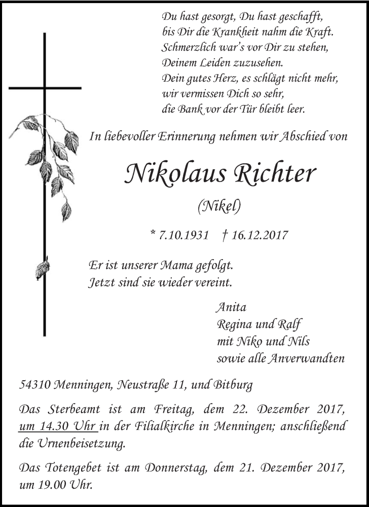  Traueranzeige für Nikolaus Richter vom 20.12.2017 aus trierischer_volksfreund