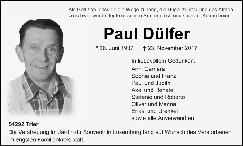  Traueranzeige für Paul Dülfer vom 06.12.2017 aus trierischer_volksfreund