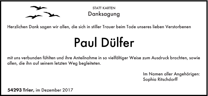  Traueranzeige für Paul Dülfer vom 30.12.2017 aus trierischer_volksfreund