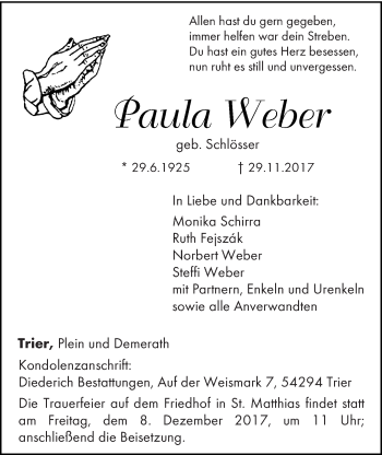 Traueranzeige von Paula Weber von trierischer_volksfreund