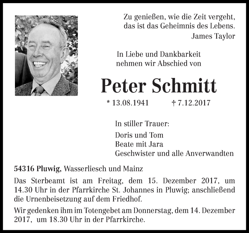  Traueranzeige für Peter Schmitt vom 12.12.2017 aus trierischer_volksfreund