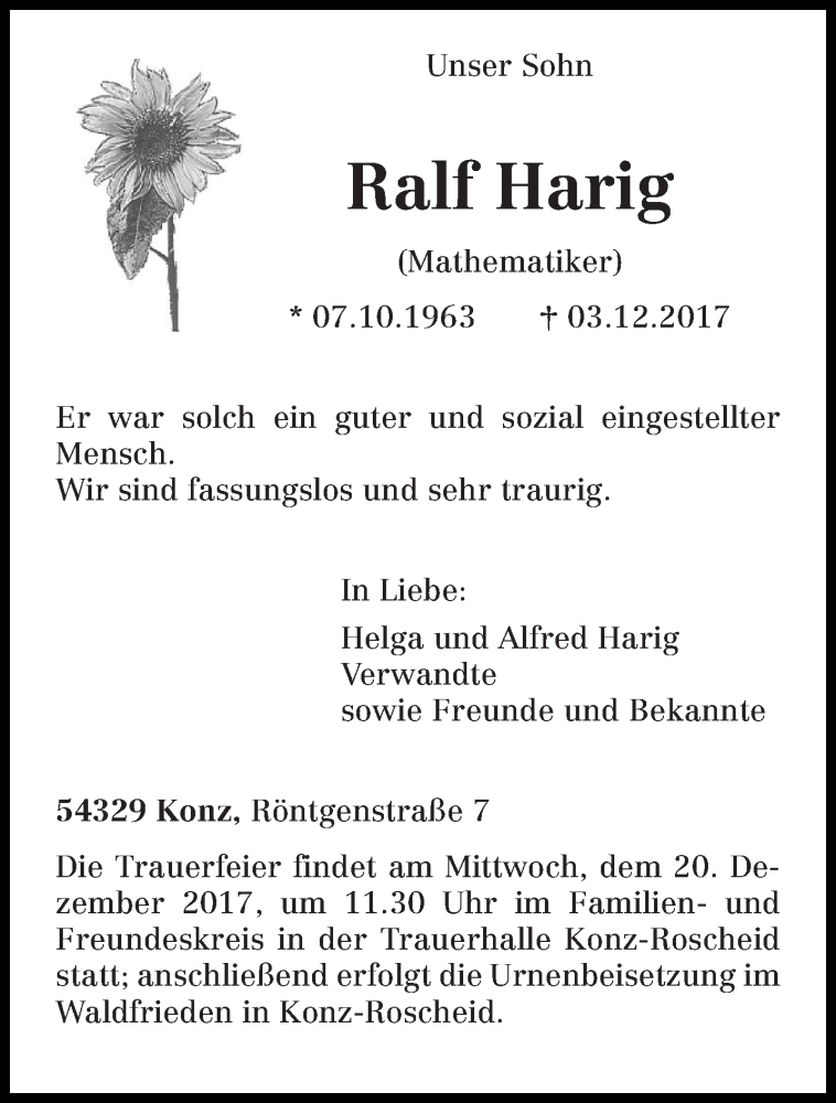  Traueranzeige für Ralf Harig vom 18.12.2017 aus trierischer_volksfreund