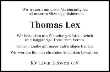 Traueranzeige von Thomas Lex von trierischer_volksfreund