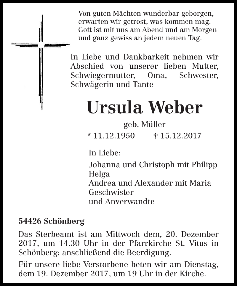  Traueranzeige für Ursula Weber vom 18.12.2017 aus trierischer_volksfreund