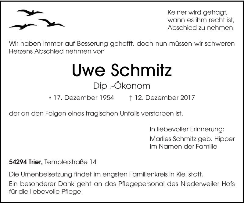  Traueranzeige für Uwe Schmitz vom 16.12.2017 aus trierischer_volksfreund