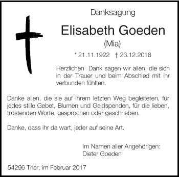 Traueranzeige von Elisabeth Goeden von trierischer_volksfreund