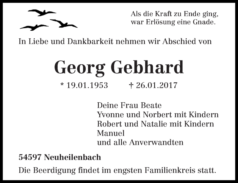  Traueranzeige für Georg Gebhard vom 31.01.2017 aus trierischer_volksfreund