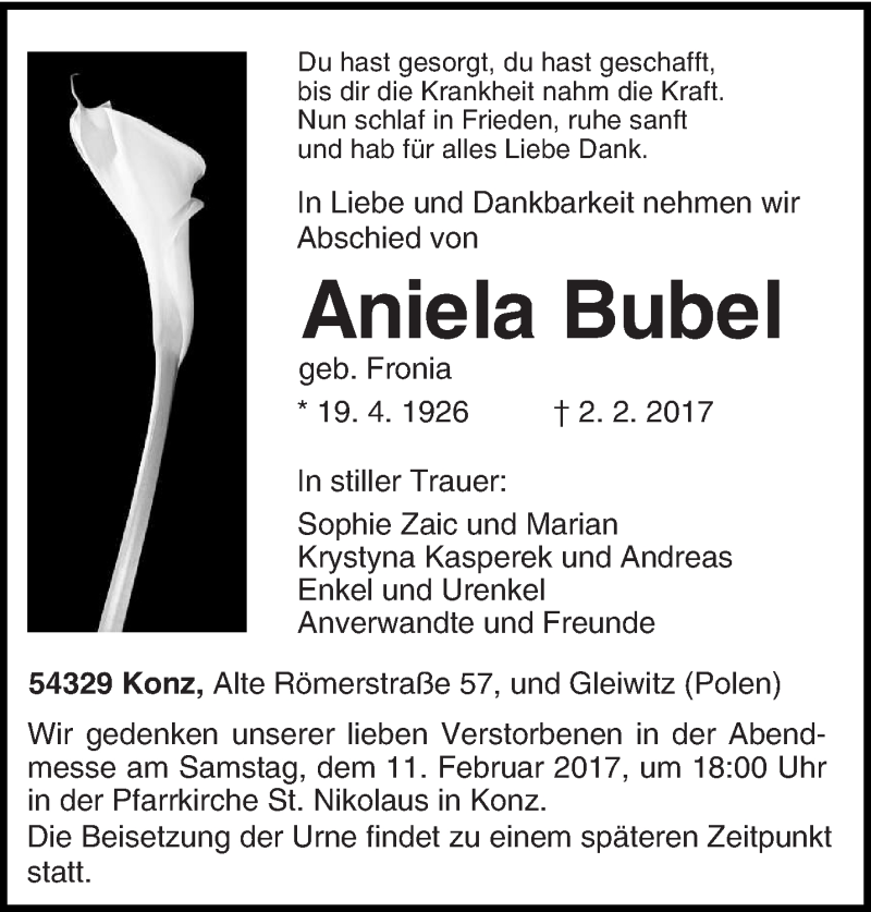  Traueranzeige für Aniela Bubel vom 08.02.2017 aus trierischer_volksfreund