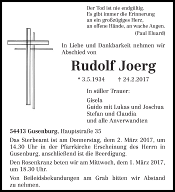Traueranzeige von Rudolf Joerg von trierischer_volksfreund
