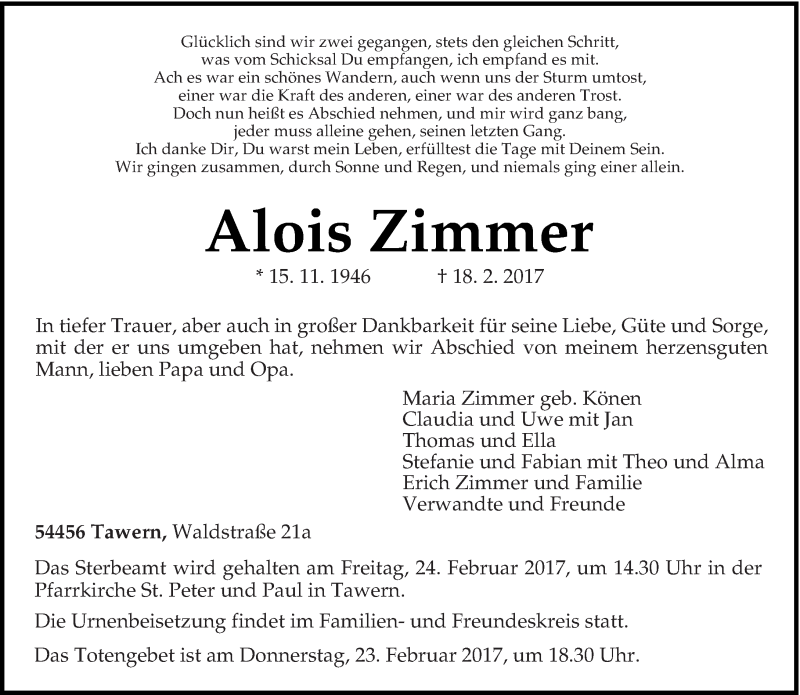  Traueranzeige für Alois Zimmer vom 21.02.2017 aus trierischer_volksfreund