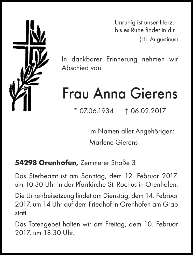  Traueranzeige für Anna Gierens vom 08.02.2017 aus trierischer_volksfreund