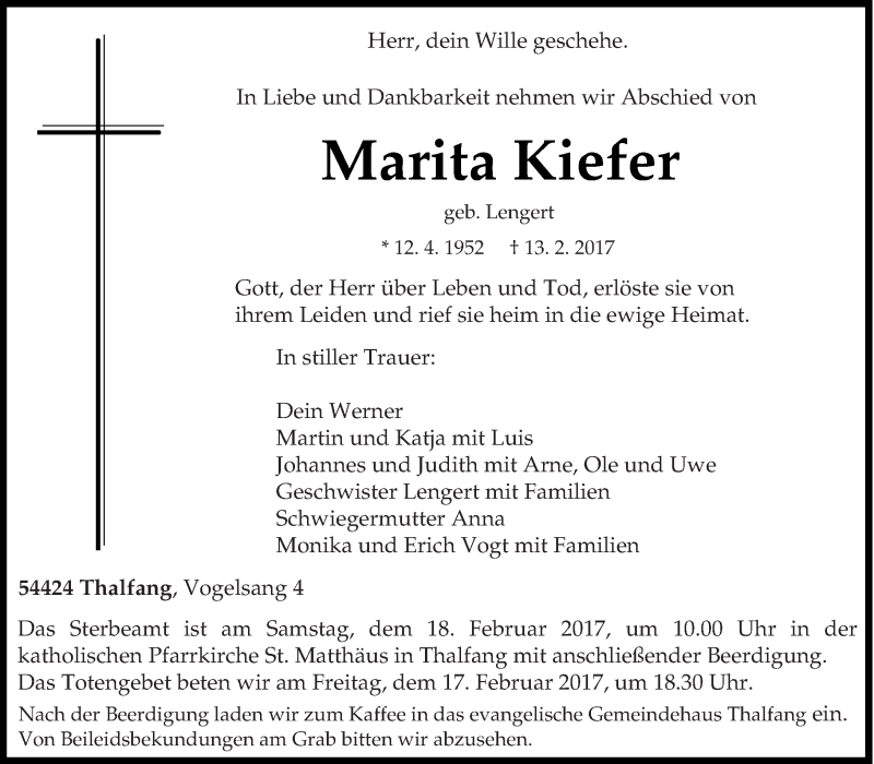  Traueranzeige für Marita Kiefer vom 15.02.2017 aus trierischer_volksfreund